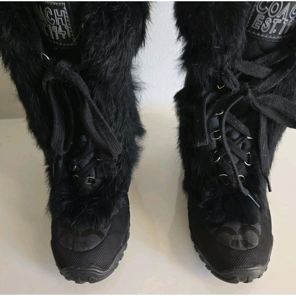 Coach Jennie Q522 Rabbit Fur Trim Monogram Jacquard Snow Boots Black Size 6.5B - Picture 5 of 7
